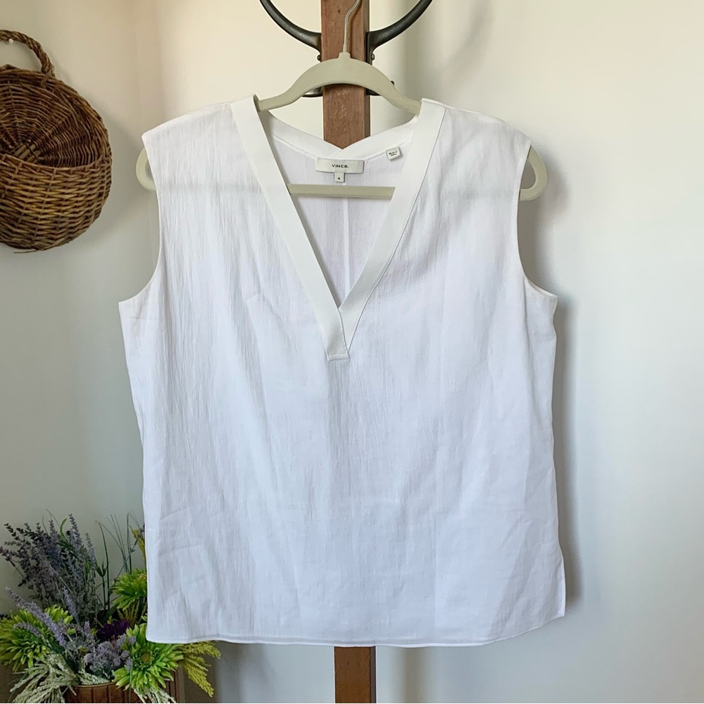 Vince Rib Knit Trim Sleeveless V Neck Gauzy Cotton Top in Optic White MED - Picture 5 of 16